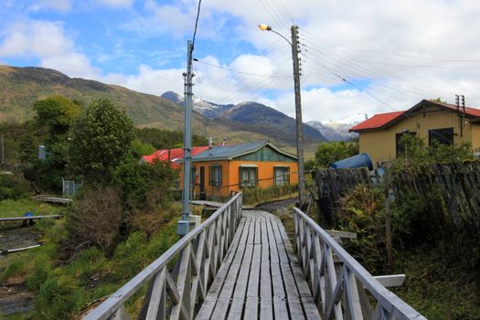 Boardwalk at the isolated Puerto Eden in Wellington Islands, fiords of southern Chile, Province Ultima Esparanza