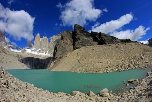 The three towers at Torres del Paine National Park, Patagonia, Chile, view from Mirador de Las Torres