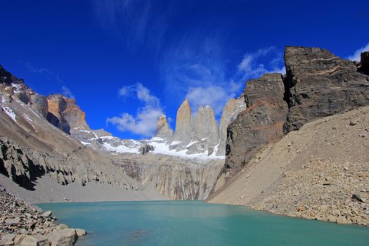 The three towers at Torres del Paine National Park, Patagonia, Chile, view from Mirador de Las Torres