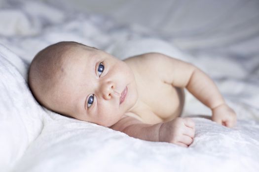 Beautiful baby girl on white blanket. Studio shot