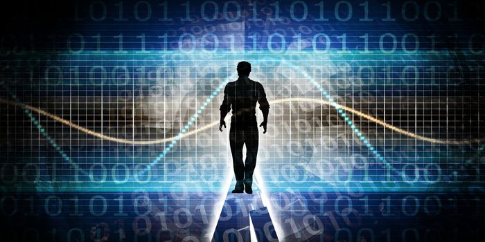 Empowered by Technology with Man Standing in Digital Portal