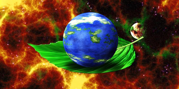 An ecological image showing a planet in a leaf at space background