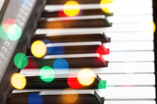 Close-up of piano keyboard. Close frontal view