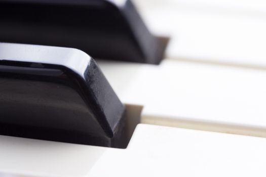 Close-up of piano keyboard. Close frontal view