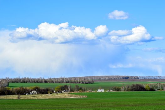 Rural landscape with a green field, clouds and farm.