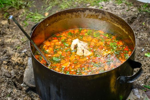 Hot soup in a tourist bowler on a picnic.