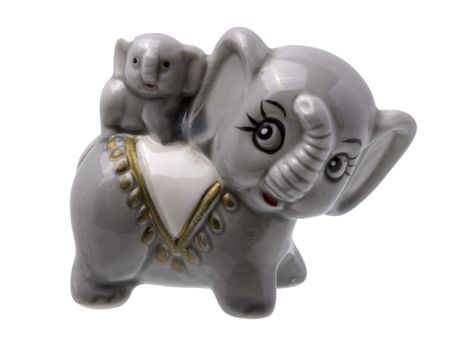 Grey Elephant And Elephant Baby Figurine On White Background