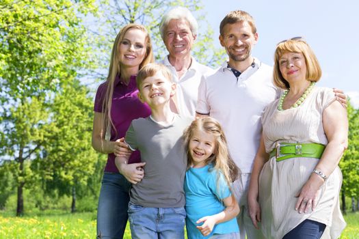 Portrait of extended family with children and seniors in summer park