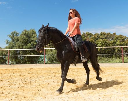 riding girl and her stallion in a training of dressage