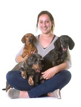 woman and dachshunds in front of white background