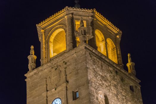 Clock Tower in Andalucia Square at night, Ubeda, Jaen, Spain
