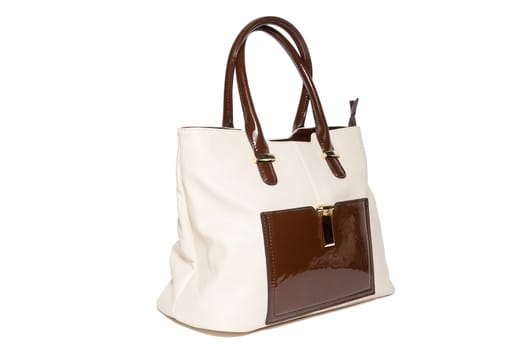 The photograph shows a female handbag on a white background