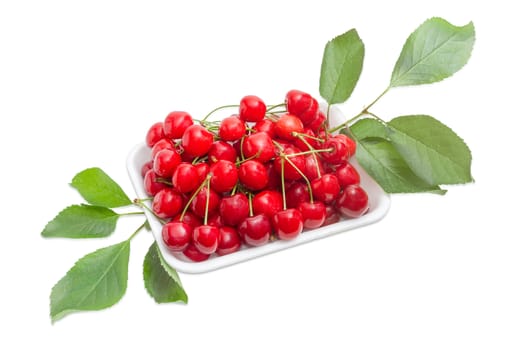 Ripe red sweet cherries in a white foam food container and cherry branches with leaves beside on a light background
