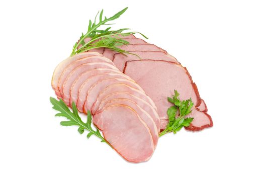 Sliced boiled smoked pork loin and ham with arugula and parsley leaves on a light background
