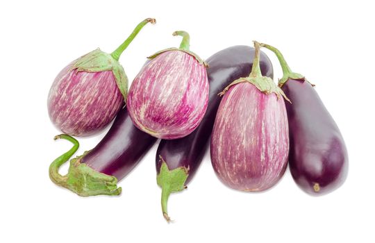 Pile of the conventional purple eggplants and Graffiti eggplants on a light background

