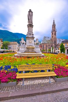 Bolzano main square and cathedral view, South Tyrol region of Italy