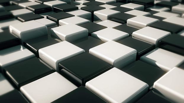Realistic Movement of cubes. Futuristic background with black and white cubes. Cubes with reflection. Seamless loop