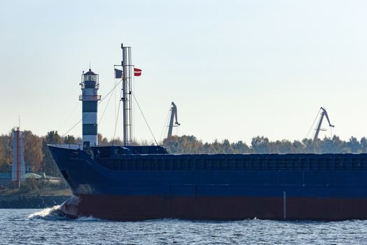 Blue cargo ship sailing from the Baltic sea