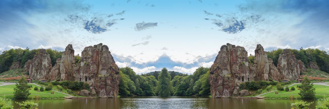 The Externsteine, striking sandstone rock formation in the Teutoburg Forest, Germany, North Rhine Westphalia