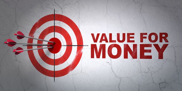 Success money concept: arrows hitting the center of target, Red Value For Money on wall background, 3D rendering