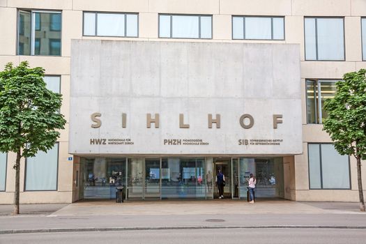 Zurich, Switzerland - June 10, 2017: College of Education (PHZH) / University of Applied Sciences (HWZ) in Zurich, main entrance labeled with Sihlhof