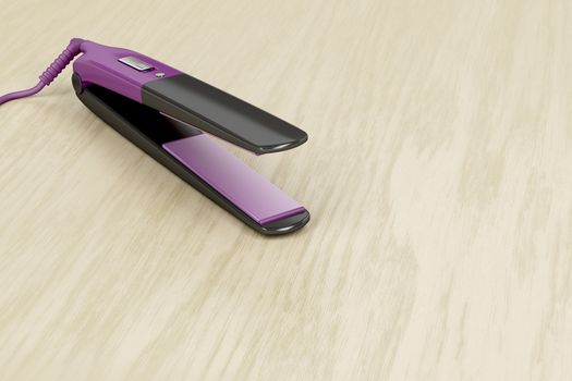 Ceramic hair straightener on wooden table  
