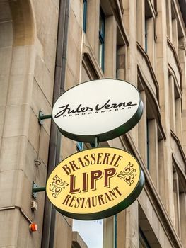 Zurich, Switzerland - June 10, 2017: Sign at faccade of famous Jules Verne Panoramabar at Brasserie Lipp near Urania observatory.