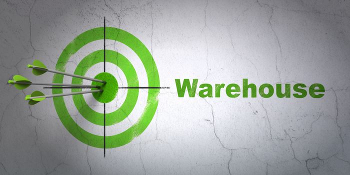 Success Industry concept: arrows hitting the center of target, Green Warehouse on wall background, 3D rendering