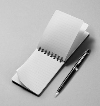 a pen lies next to a notebook