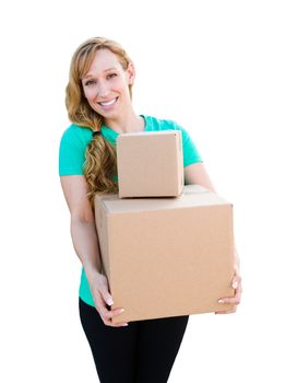 Smiling Young Adult Woman Holding Moving Boxes Isolated On A White Background.