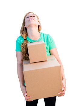 Tired Young Adult Woman Holding Moving Boxes Isolated On A White Background.