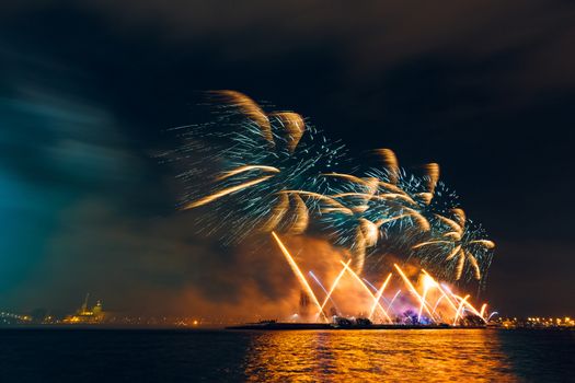 Colored New Year fireworks in centre of Riga