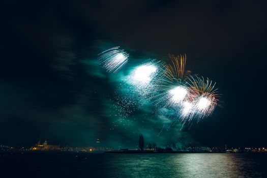 Colored New Year fireworks in centre of Riga