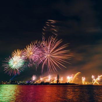 Colored New Year fireworks in centre of Riga