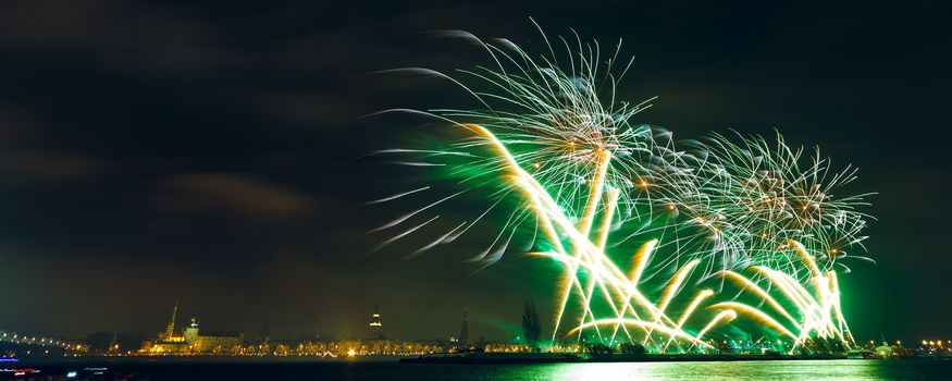 Colored New Year fireworks in centre of Riga