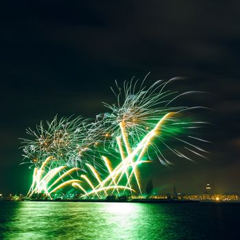 Colored New Year fireworks in centre of Riga