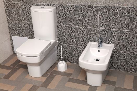 white toilet bowl and bidet in modern wc