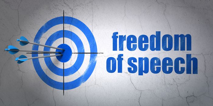 Success political concept: arrows hitting the center of target, Blue Freedom Of Speech on wall background, 3D rendering