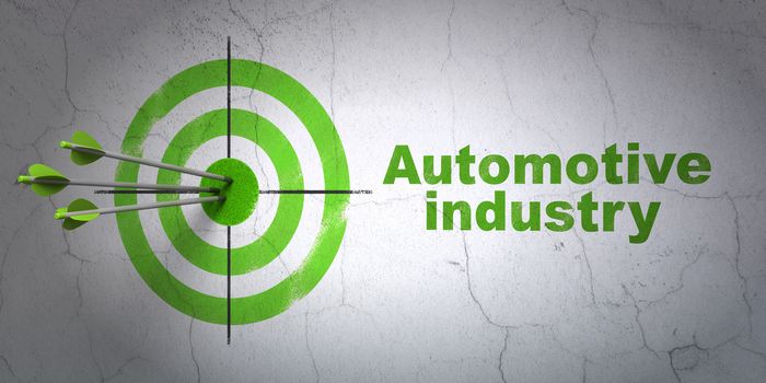 Success Manufacuring concept: arrows hitting the center of target, Green Automotive Industry on wall background, 3D rendering