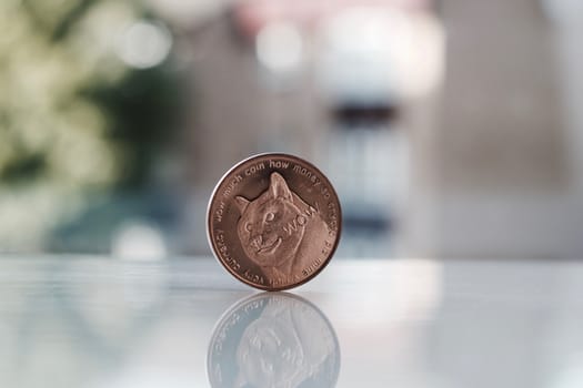 Digital currency physical brass dogecoin coin with dog on front side.