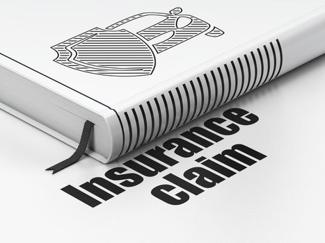 Insurance concept: closed book with Black Car And Shield icon and text Insurance Claim on floor, white background, 3D rendering