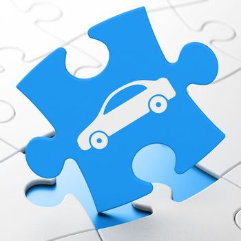 Travel concept: Car on Blue puzzle pieces background, 3D rendering