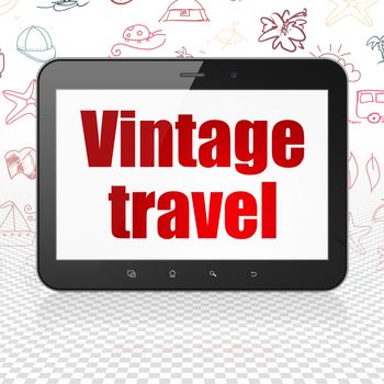 Vacation concept: Tablet Computer with  red text Vintage Travel on display,  Hand Drawn Vacation Icons background, 3D rendering