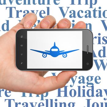 Tourism concept: Hand Holding Smartphone with  blue Aircraft icon on display,  Tag Cloud background, 3D rendering