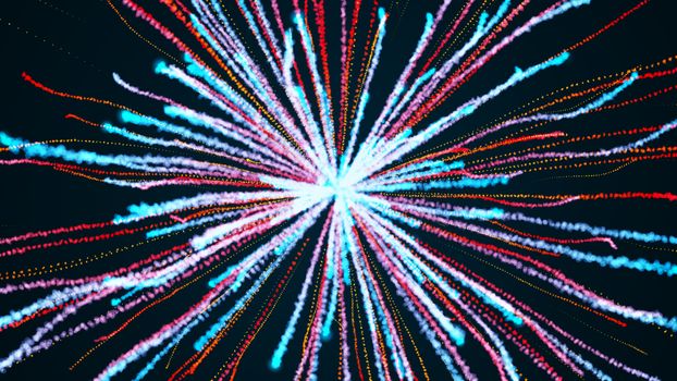 Explosion of particles. Festive fireworks. 3d render