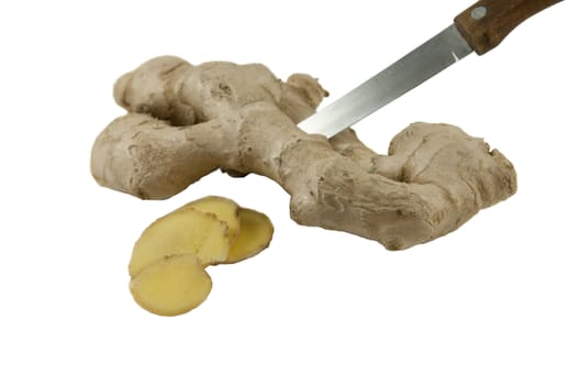 Ginger root with knife