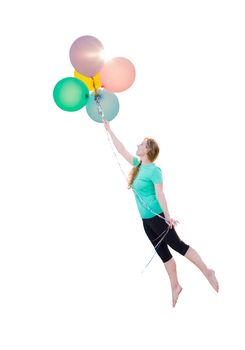 Young Girl Being Carried Up and Away By Balloons That She Is Holding Isolated On A White Background.