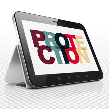 Safety concept: Tablet Computer with Painted multicolor text Protection on display, 3D rendering