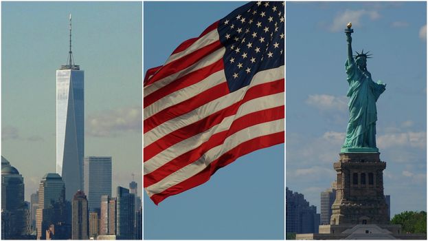 Us Flag Statue Of Liberty And Nyc