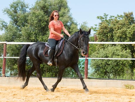 riding girl and her stallion in a training of dressage